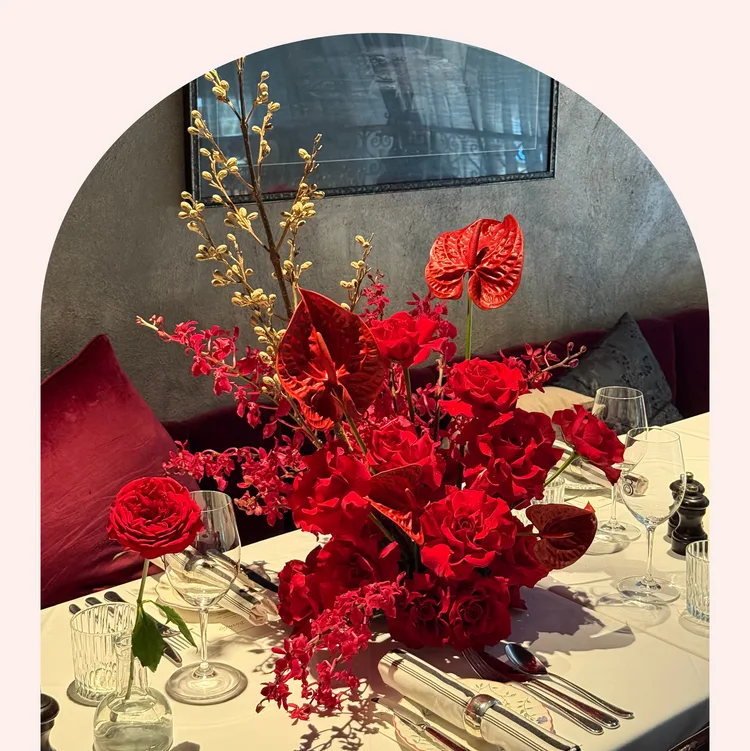 Dramatic red rose, anthurium and orchid table centrepiece — I Love You