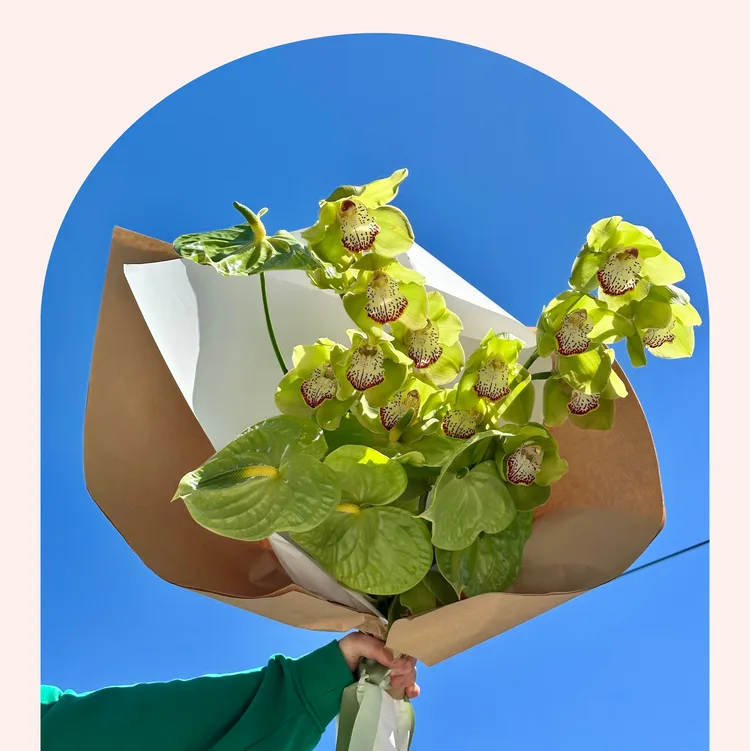 Green cymbidium orchids and anthuriums held against blue sky — Thank You